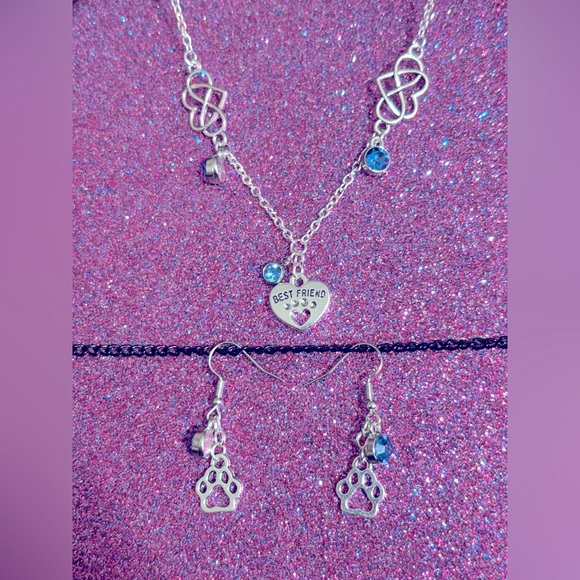 Heart and Paw Print Best Friend Necklace and Earring Set - Picture 1 of 5
